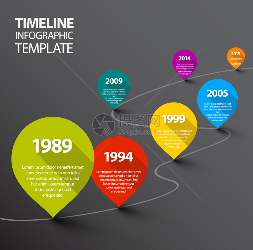 带有指针的矢量深反向Infograph时间线模板图片