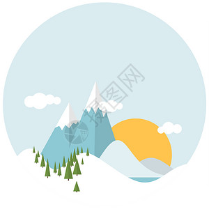 松林湖雪冬季风景图标插画
