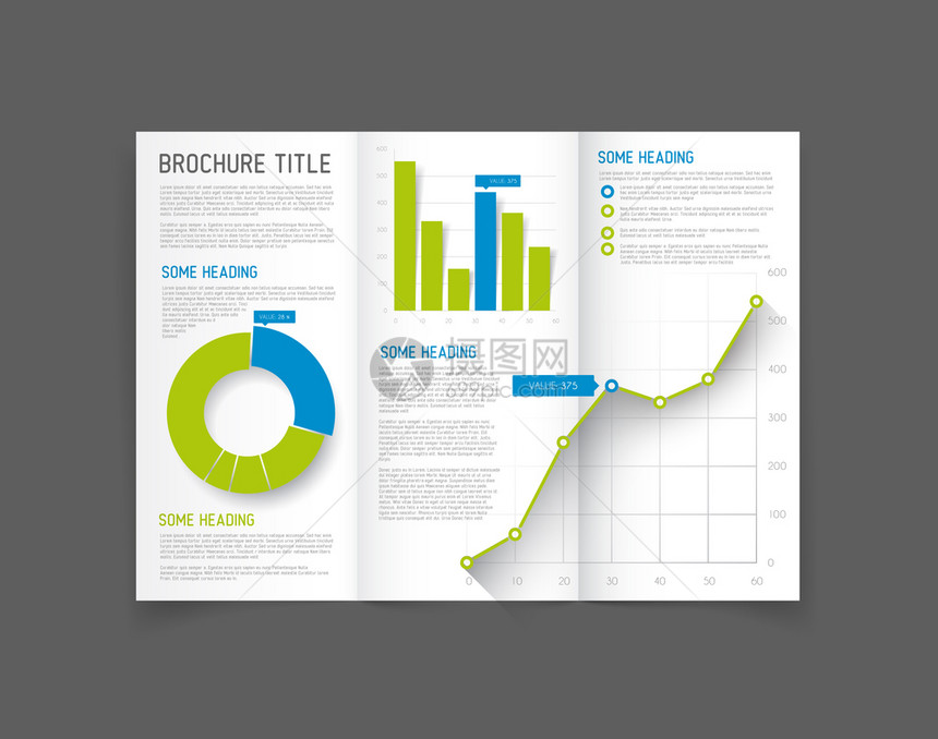 配有图表和的现代矢量三折式小册子传单设计模板图片