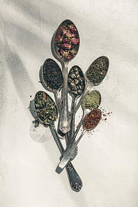 古代勺子中的干茶种类红黑rooibos茶玫瑰红绿色黄红风景图片