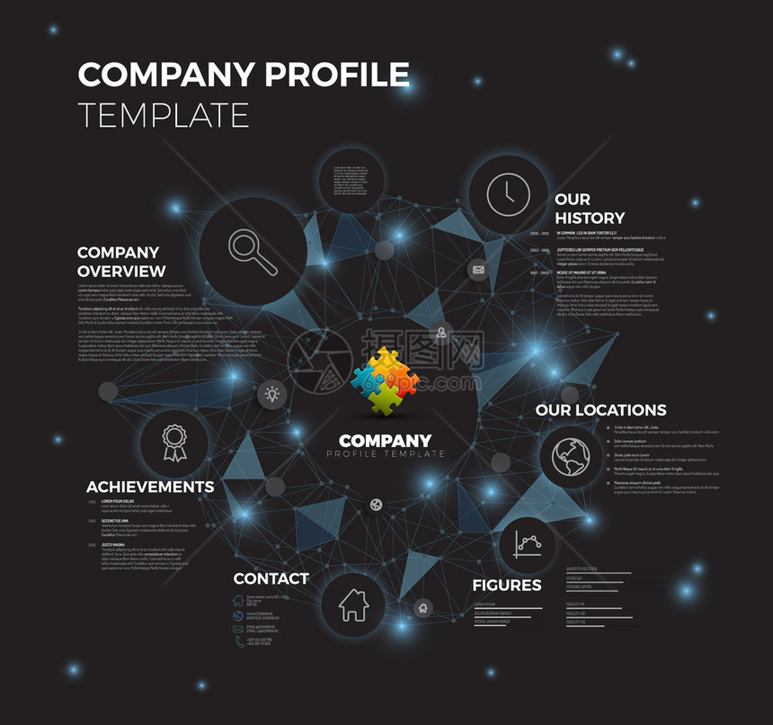 矢量公司Infographic概览设计模板其网络背景深蓝色版本图片