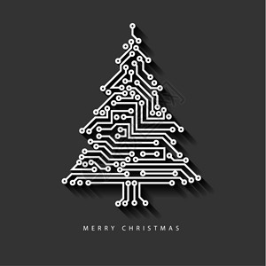数字电子路在深灰色背景和长阴影下的数字电子路矢量圣诞树背景图片