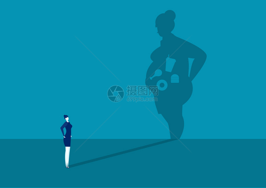 商业妇女瘦与大影子脂肪身体健康的概念说明图片