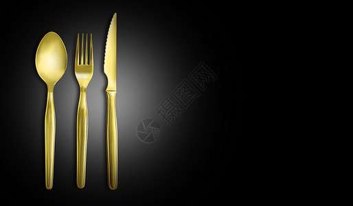 黄色黑色叉子在黑色背景和剪切路径上隔离的黑背景叉子勺和刀背景