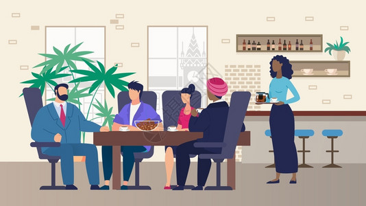 聚会时有商业午餐的国际小组坐在咖啡或茶厅桌旁的多种族人民谈论讨重要议题服务女员小组Vector卡通说明开会时有商业午餐的国际小组背景图片