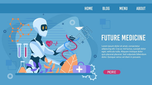 医疗网站在线未来医学广告机器人进行类DNA测试机器人系统与实验室设备合作智能药剂服务矢量图插画