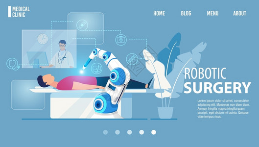 机器人医生机器人外科手术创新药品平板着陆页现代医学技术卡通机器人械在外科控制下对病人或进行操纵创新医学矢量说明机器人外科手术创新药品着陆插画
