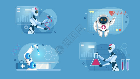 智能机器人造医疗平台进行外科手术检查心跳和进行实验室DNA测试未来医学AITechnology矢量卡通说明智能机器人工医学插画