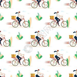 妇女骑自行车快速投纸箱邮政包快餐厅秩序图片