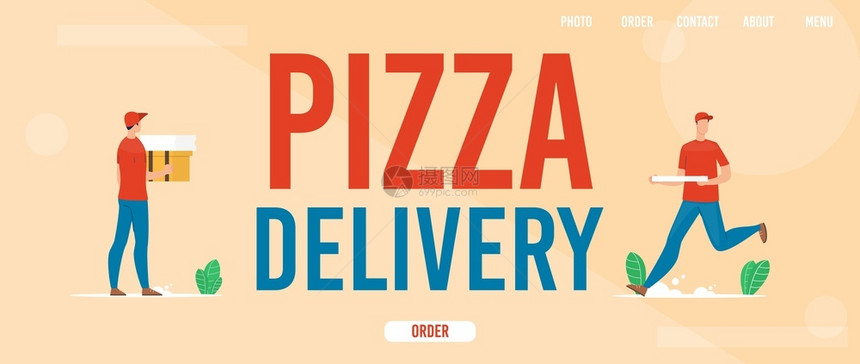 PizzaServiceTrendyFlatVictor横向网络封条与快餐厅送货员库里尔跑车在交付披萨时快速执行命令图片