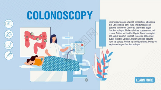 科洛米纳平板着陆页提供科洛诺复印程序诊所实验室的卡通病人和医生肠道疾病筛查医院的预防和治疗病媒室内健康说明插画