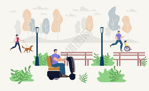 康复指导残疾人户外娱乐和休闲趋势平坦的矢量概念电动滑板残疾人轮椅男孩带向导狗花时间的盲人妇女在公园散步的残疾人户外娱乐病媒概念插画