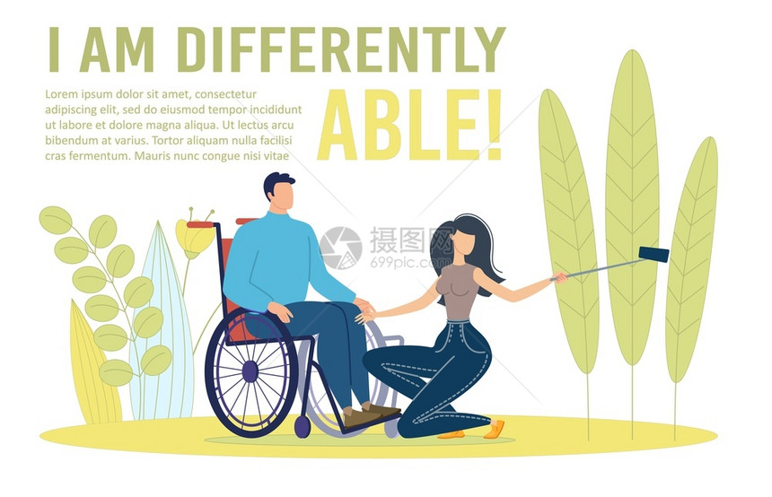 残疾人积极思考人生定位趋势平坦的活生定位海报模板残疾人身穿轮椅的受伤丈夫与妻子或朋友一起自以为是说明图片