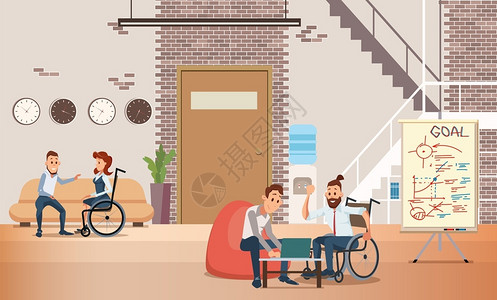 残疾人自我实现和就业机会趋势与轮椅人在一起的残疾自我实现和就业机会趋势扁矢量概念残疾人公司雇员与同事一起工作办公室插画