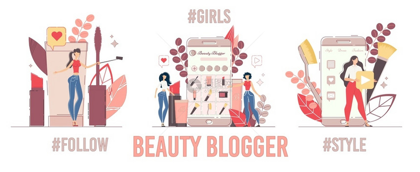 时装女博客射嘴唇评论在社会媒体集中分享视频内容化妆品产广告创建在线贸易平台和频道美容博客和风格美容评论分享视频内容集图片