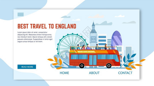 英格兰人旅游城市双层巴士海报模板插画