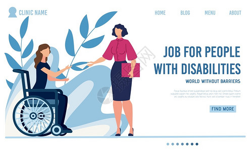 残疾人平板着陆页面提供工作残疾人坐在轮椅上从女雇主那里获得用合同工作访谈矢口卡通说明叶子设计残疾人平板着陆页面提供工作背景图片