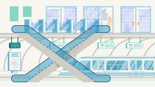 地铁扶梯城市公共交通基础设施大都会快速过境系统平压矢量地下铁路站入口配有图纳节电车和铁路高速列插画