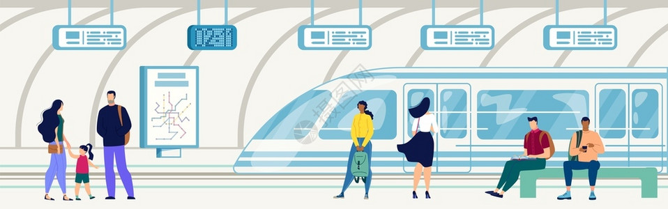 铁路系统现代大都会公共交通系统要素城市乘客运输平向量人坐在法官席地铁或下路站等待火车插画