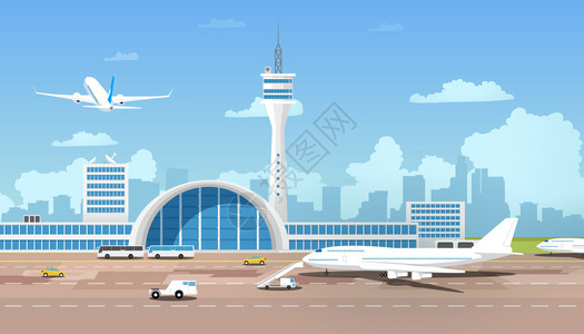 飞机飞飞机在跑道出租车和汽车载客飞行说明插画