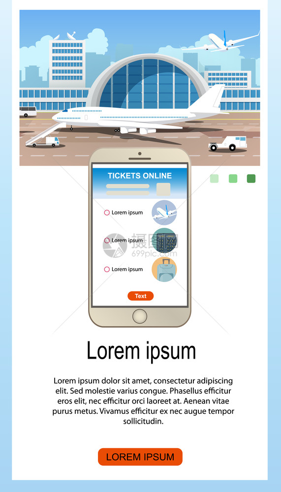在电话屏幕上与航空服务公司在电话屏幕上同航空服务公司一道预订航班移动应用卡通矢量垂直网络封条机场的航空班说明图片