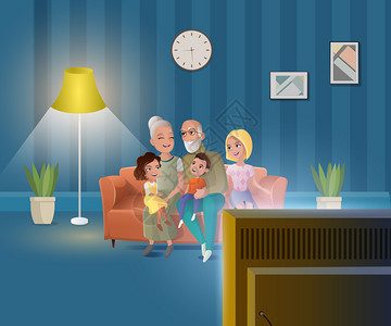 卡通幸福一家人在客厅看电视图片