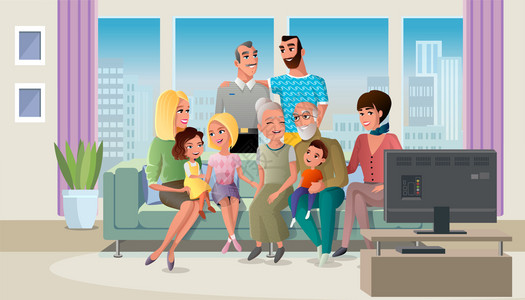 业价值观卡通幸福一家人在客厅看电视插画