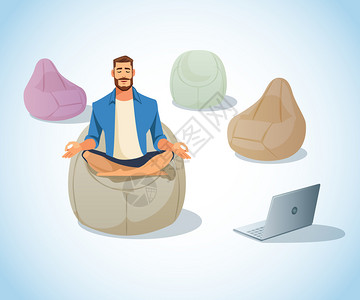 沙台禅坐在懒人沙发上练习瑜伽的男人卡通矢量插画插画