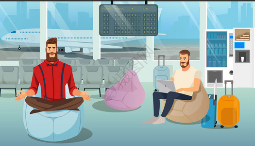 在机场舒适休息室工作并等待卡通飞行矢量说明航空公司客户服务概念图片