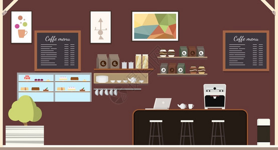 咖啡空间现代咖啡厅室内设计在律师柜台配备计算机的空特伦迪咖啡厅由笔记本电脑提供休息和工作的免费游客舒适场所扁卡通矢量说明现代咖啡厅室内设插画