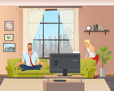 在客厅做家庭瑜伽的和平静人父亲坐在Lotus的Couch位置的Couch父亲坐在Lotus位置的Couch上惊吓女人的外貌丈夫和背景图片
