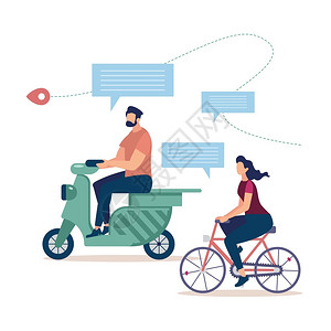 自行车旅游乘坐滑脚板矢量概念旅行骑摩托车的男子骑自行车的女子骑自行车的妇女在公路上规划旅行线交通中信说明背景图片