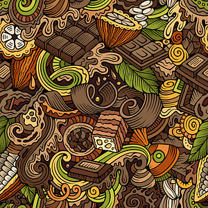 巧克力手绘制的涂鸦无缝图案甜美的食物颜色背景可矢量漫画插图可矢量案图片