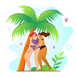 Sunny旅行贺卡热带放松通年轻女在棕榈树下的海滩上度过时间平坦热带树和海后或洋假期健康与矢量说明背景图片