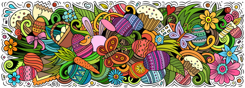 卡通兔子图案复活节快乐的手画了卡通图纸假日有趣的物品和元素海报设计创意艺术背景多彩矢量横幅复活节快乐的手画了卡通图纸背景