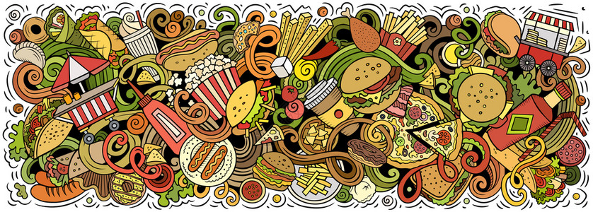 比夫堡fastfoodhand绘制了卡通doodles插图快速食品有趣的物件和元素海报设计创意艺术背景多彩矢量横幅Fastfood插画