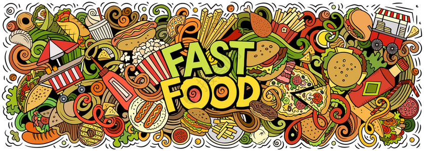 比夫堡fastfoodhand绘制了卡通doodles插图快速食品有趣的物件和元素海报设计创意艺术背景多彩矢量横幅Fastfood插画