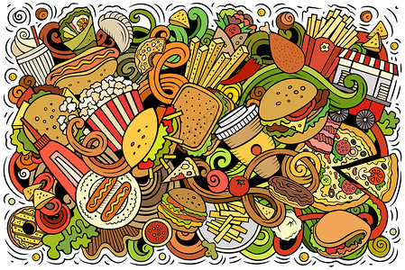 卡通肉fastfoodhand绘制了卡通doodles插图快速食品有趣的物件和元素海报设计创意艺术背景多彩矢量横幅Fastfood背景