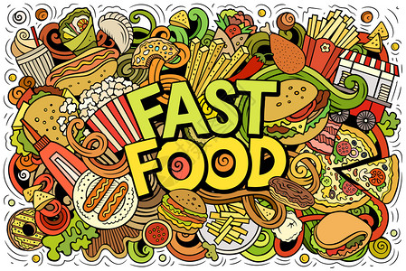 fastfoodhand绘制了卡通doodles插图快速食品有趣的物件和元素海报设计创意艺术背景多彩矢量横幅Fastfood背景图片