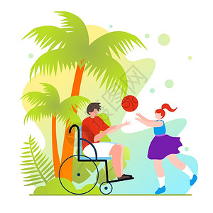 对轮椅用户的情感支持与男人一起玩滚轮椅的活跃女孩球残疾人的娱乐和休闲恢复期间的热带气候和自然插画