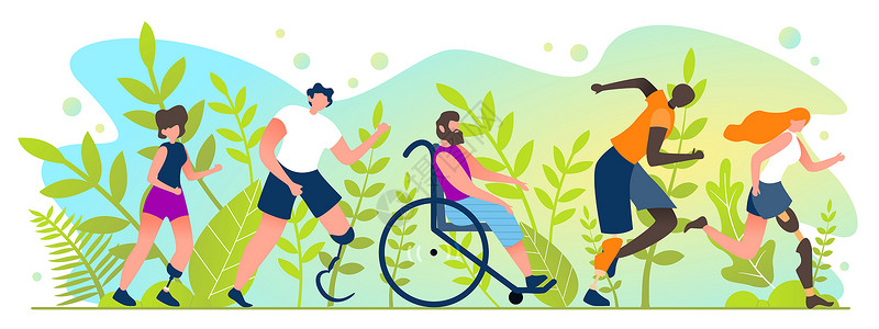 残疾人运动背景残疾人马拉松卡通Flat残疾人夏季国际竞赛残疾人跑步马拉松VectorI说明背景