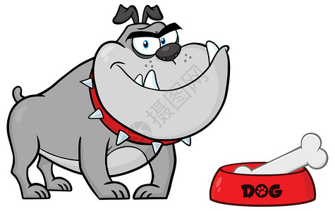 尖峰带碗和骨的微笑灰色公牛狗卡通字符带背景的矢量说明插画