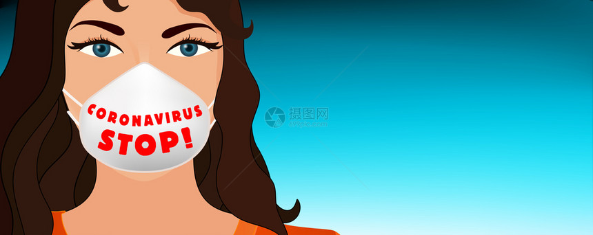 纵向妇女用医疗面具保护自己并配有文字科罗纳停止Banner蓝色复制空间关于这一流行病的通讯信息或建议医生护士图片