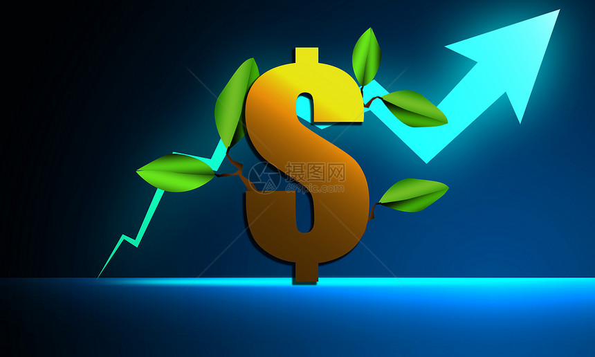 带有绿叶的美元符号财务和银行业概念3D图片