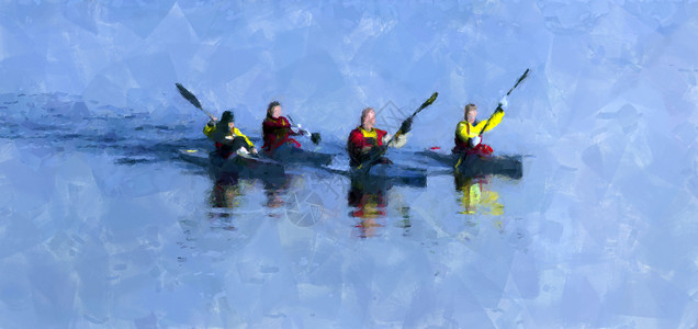 河面划船海报乘坐独木舟在蓝色上划船的人数字绘画背景