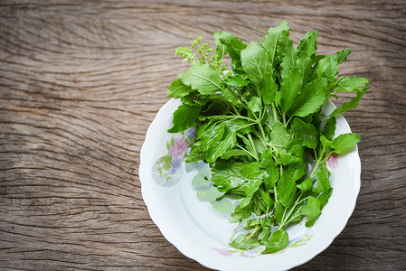 碗上菜园和木桌厨房草药和食物泰国的圣墓绿色甜面包图片