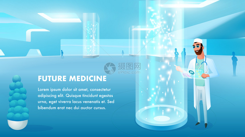 医生研究虚拟板屏幕治疗疾病带有数字设备穿制服的医院工作人员年轻男科学家持有Pad未来医学卡通扁压矢量说明虚拟板屏幕治疗疾病医生工图片