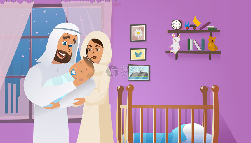 年轻阿拉伯丈夫和妻子抱着婴儿图片