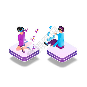 guy3d演示人使用虚拟现实眼镜玩视频游戏技术未来娱乐产业Guy玩俄罗斯方块女孩玩游戏插画