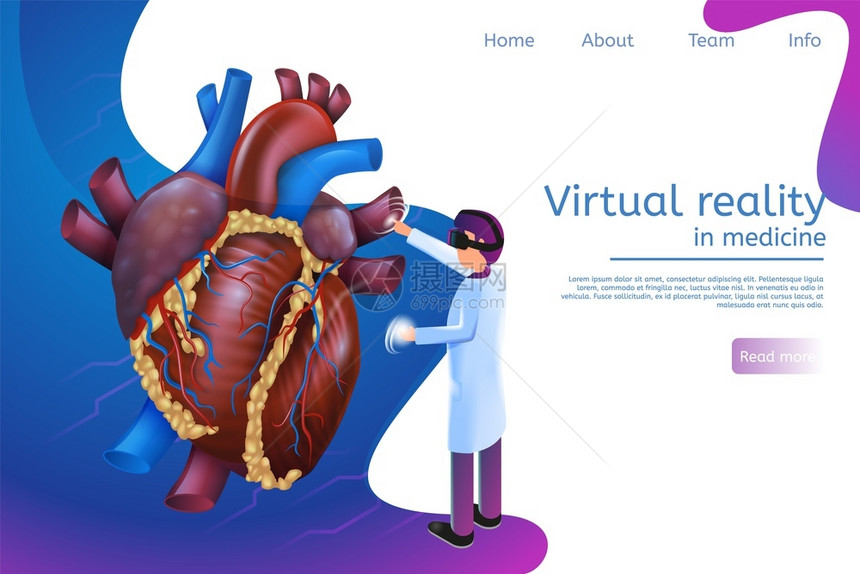 3d矢量说明医生使用虚拟现实眼镜研究心脏病诊断预测人类心脏详细检查疾病图片